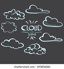 Cloud line hand drawn icons set with lettering and decoration, detailed vector illustration
