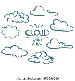 Cloud line hand drawn icons set with lettering and decoration, detailed vector illustration