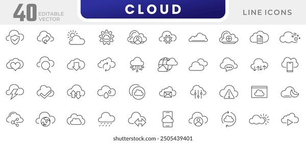 Colección de icono de línea de nube. Tecnología en la nube, intercambio de datos, tráfico, archivos, nube, servidor, Internet y conjunto de iconos de base de datos. Paquete de iconos de contorno de interfaz de usuario. 