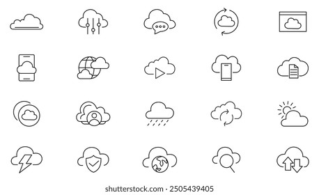 Colección de icono de línea de nube. Tecnología en la nube, intercambio de datos, tráfico, archivos, nube, servidor, Internet y conjunto de iconos de base de datos. Paquete de iconos de contorno de interfaz de usuario. 