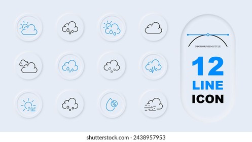 Cloud line icon set. Cloud, sky, rain, steam, sun, water, snow, weather, air, fog, smoke, thunderstorm. Neomorphism style. Vector line icon for Business