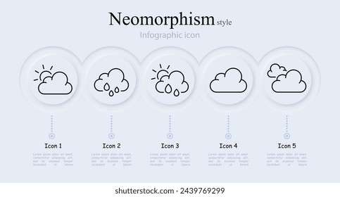 Cloud line icon set. Cloud, sky, rain, steam, sun, water, snow, weather, air, fog, smoke, thunderstorm. Neomorphism style. Vector line icon for Business