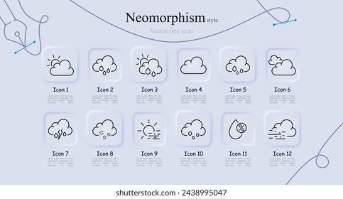 Cloud line icon set. Cloud, snowflake, sky, rain, hail, steam, sun, water, snow, weather, air, fog, smoke, thunderstorm. Neomorphism style. Vector line icon for Business