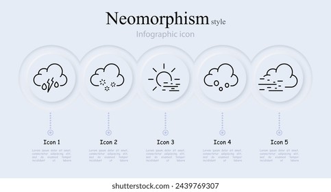 Cloud line icon set. Cloud, snowflake, sky, rain, hail, steam, sun, water, snow, weather, air, fog, smoke, thunderstorm. Neomorphism style. Vector line icon for Business