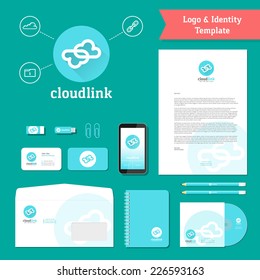 Cloud Link Logo And Identity Template With Flat Style Stationary Mockup Letterhead Envelope Smartphone Business Cards Etc.