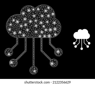 Cloud links icon and bright mesh net cloud links structure with bright spots. Illuminated constellation generated using cloud links vector icon and polygonal mesh. Constellation frame cloud links,