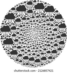 Los elementos de vínculos de nube se dispersan en la colección de esferas. Icono de enlaces en la nube alrededor del mosaico. Resumen de mosaico de burbujas esféricas creado a partir de elementos de enlaces en la nube.