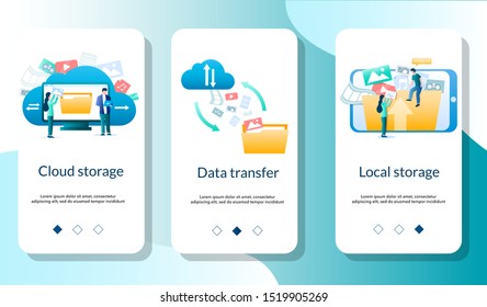 Cloud and local storage, Data transfer mobile app onboarding screens. Menu banner vector template for website and application development. Cloud technology.