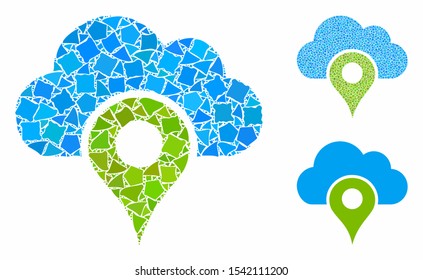 Cloud location mosaic of humpy elements in variable sizes and color tinges, based on cloud location icon. Vector inequal elements are grouped into mosaic.