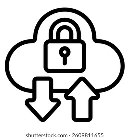 Cloud with lock and arrows line icon, data protection concept. Vector graphics. Secure uploading sign on white background, style mobile or design
