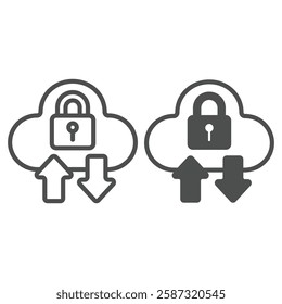 Cloud with lock and arrows line and solid icon, data protection concept. Vector graphics. Secure uploading sign on white background, outline style icon for mobile or web design