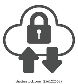 Cloud with lock and arrows solid icon, data protection concept. Vector graphics. Secure uploading sign on white background, glyph style icon for mobile or web design