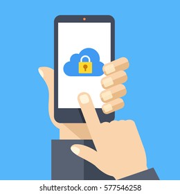 Cloud with lock icon on smartphone screen. Hand holding smartphone, finger touching screen. Cloud security. Modern concept for web banners, web sites, infographics. Flat design vector illustration.