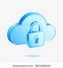 Cloud Lock Security, 3D Blue Glossy Cybersecurity Icon