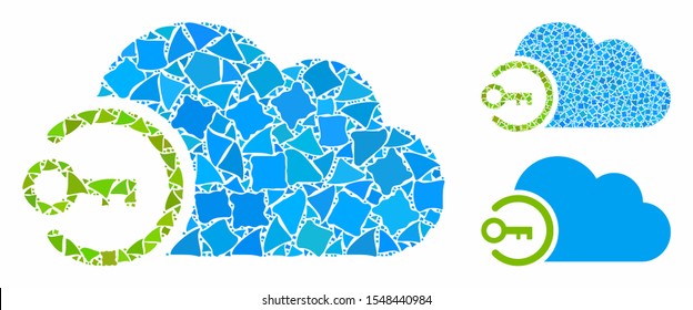 Cloud login composition of joggly items in variable sizes and color hues, based on cloud login icon. Vector unequal items are composed into composition. Cloud login icons collage with dotted pattern.