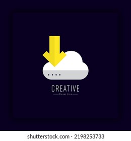 Diseño del logotipo en la nube e icono de descarga en fondo azul oscuro. logotipo adecuado para el tiempo