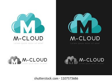 Cloud logo design with M letter silhouette. Vector symbol with character element.