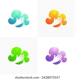 Cloud logo and hand care design combination, colorful style, technology