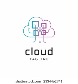 Icono de arte de la línea del logotipo en la nube. Signo de computación de datos de Internet para compañía de tecnología. Concepto de símbolo de circuito de red virtual en línea. Ilustración vectorial.