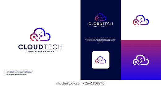 cloud logo with pixel flakes, symbol of modern technology, digital storage system, graphic design illustration.