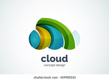 Cloud logo template, remote hard drive storage or weather concept - geometric minimal style, created with overlapping curve elements and waves. Corporate identity emblem, abstract business company
