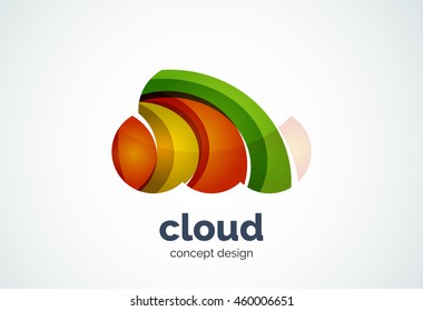 Cloud logo template, remote hard drive storage or weather concept - geometric minimal style, created with overlapping curve elements and waves. Corporate identity emblem, abstract business company