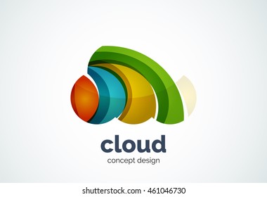 Cloud logo template, remote hard drive storage or weather concept - geometric minimal style, created with overlapping curve elements and waves. Corporate identity emblem, abstract business company