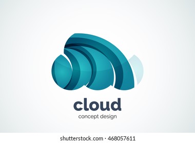 Cloud logo template, remote hard drive storage or weather concept - geometric minimal style, created with overlapping curve elements and waves. Corporate identity emblem, abstract business company