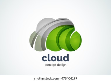 Cloud logo template, remote hard drive storage or weather concept - geometric minimal style, created with overlapping curve elements and waves. Corporate identity emblem, abstract business company