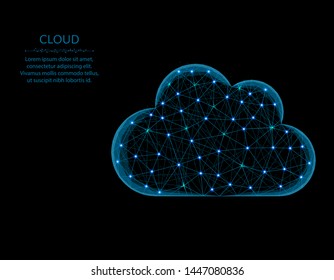 Cloud low poly design, weather abstract geometric image, cloud computing wireframe mesh polygonal vector illustration made from points and lines on black background