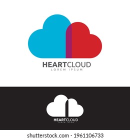 Nube hecha de dos ilustraciones vectoriales del logotipo gráfico de corazones superpuestos. Servidor virtual, símbolo conceptual de tecnología de almacenamiento.