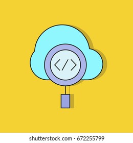 cloud and magnifier with code icon on yellow background