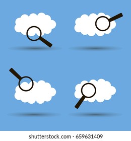 Cloud and magnifier search. Silhouette flat icon. Illustration for weather forecast, weather research.