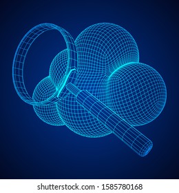 Cloud with magnifying glass. Concept of cloud computing service technology and search. Wireframe low poly mesh vector illustration