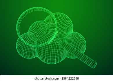 Cloud with magnifying glass. Concept of cloud computing service technology and search. Wireframe low poly mesh vector illustration