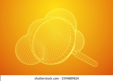 Cloud with magnifying glass. Concept of cloud computing service technology and search. Wireframe low poly mesh vector illustration