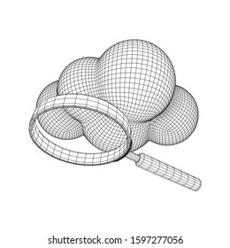 Cloud with magnifying glass. Concept of cloud computing service technology and search. Wireframe low poly mesh vector illustration