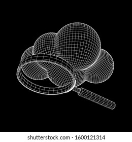 Cloud with magnifying glass. Concept of cloud computing service technology and search. Wireframe low poly mesh vector illustration