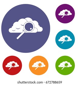 Cloud with magnifying glass icons set in flat circle reb, blue and green color for web