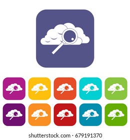 Cloud with magnifying glass icons set vector illustration in flat style In colors red, blue, green and other