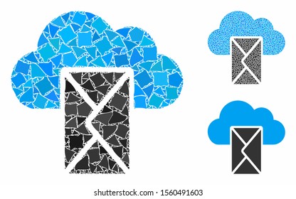 Cloud mail mosaic of inequal items in variable sizes and color hues, based on cloud mail icon. Vector raggy elements are organized into mosaic. Cloud mail icons collage with dotted pattern.