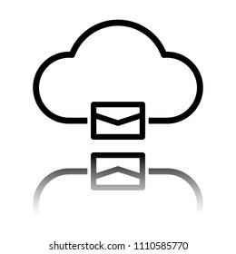 cloud mail, simple linear icon with thin outline. Black icon with mirror reflection on white background