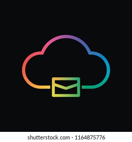 cloud mail, simple linear icon with thin outline. Rainbow color and dark background