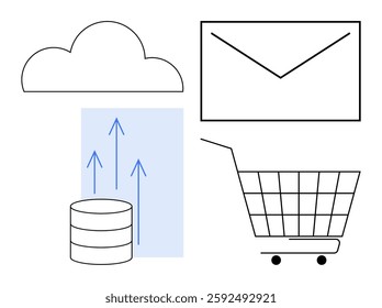 Cloud, mailing envelope, upload arrows, database storage symbol, shopping cart for internet purchasing in a minimalistic layout. Ideal for technology, cloud computing, e-commerce, digital