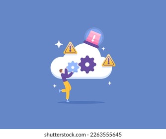 Cloud management, cloud database maintenance and repair. troubleshoot server. an IT staff manages and resolves issues on cloud services. an error occurred on the online storage. illustration concept