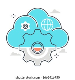 Cloud management related color line vector icon, illustration. The icon is about gear, cog wheel, internet, share, server. The composition is infinitely scalable.