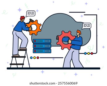 Cloud management system concept. Two male bring gear to optimization database server. Data storage, application development, database setting. Cartoon flat vector illustration. 