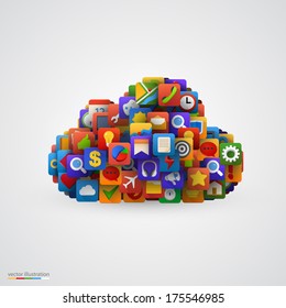 Cloud with many application icons. Vector illustration
