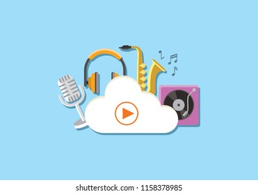 cloud media storage concept with musical instruments flat background vector illustration