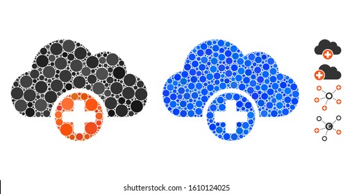 Cloud medicine composition of spheric dots in variable sizes and color tinges, based on cloud medicine icon. Vector round dots are grouped into blue composition.